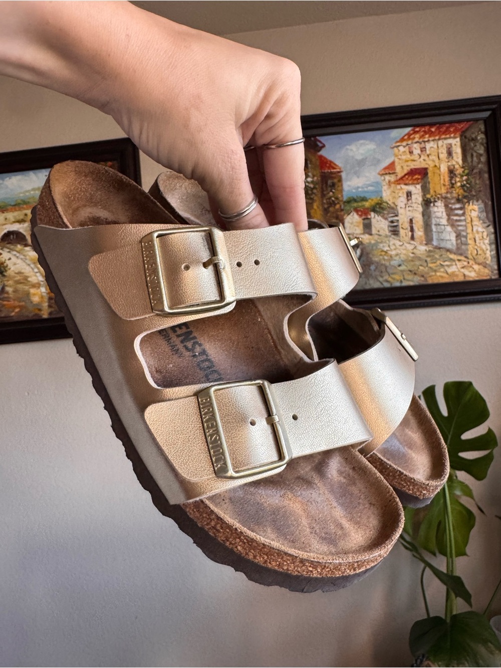 Birkenstock Arizona Gold Leather Sandals Shoes 37 N Metallic